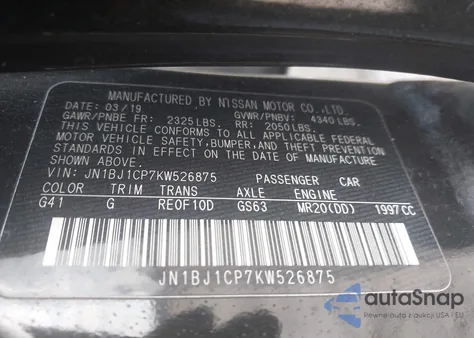 2019 Nissan Rogue Sport S z USA, uszkodzony, nr VIN JN1BJ1CP7KW526875